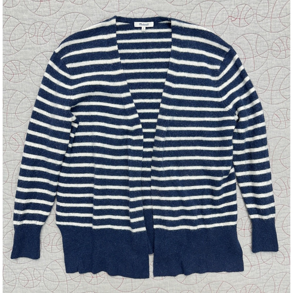 Madewell Cardigan Blue White Striped Open Front Alpaca Merino / Women's Medium